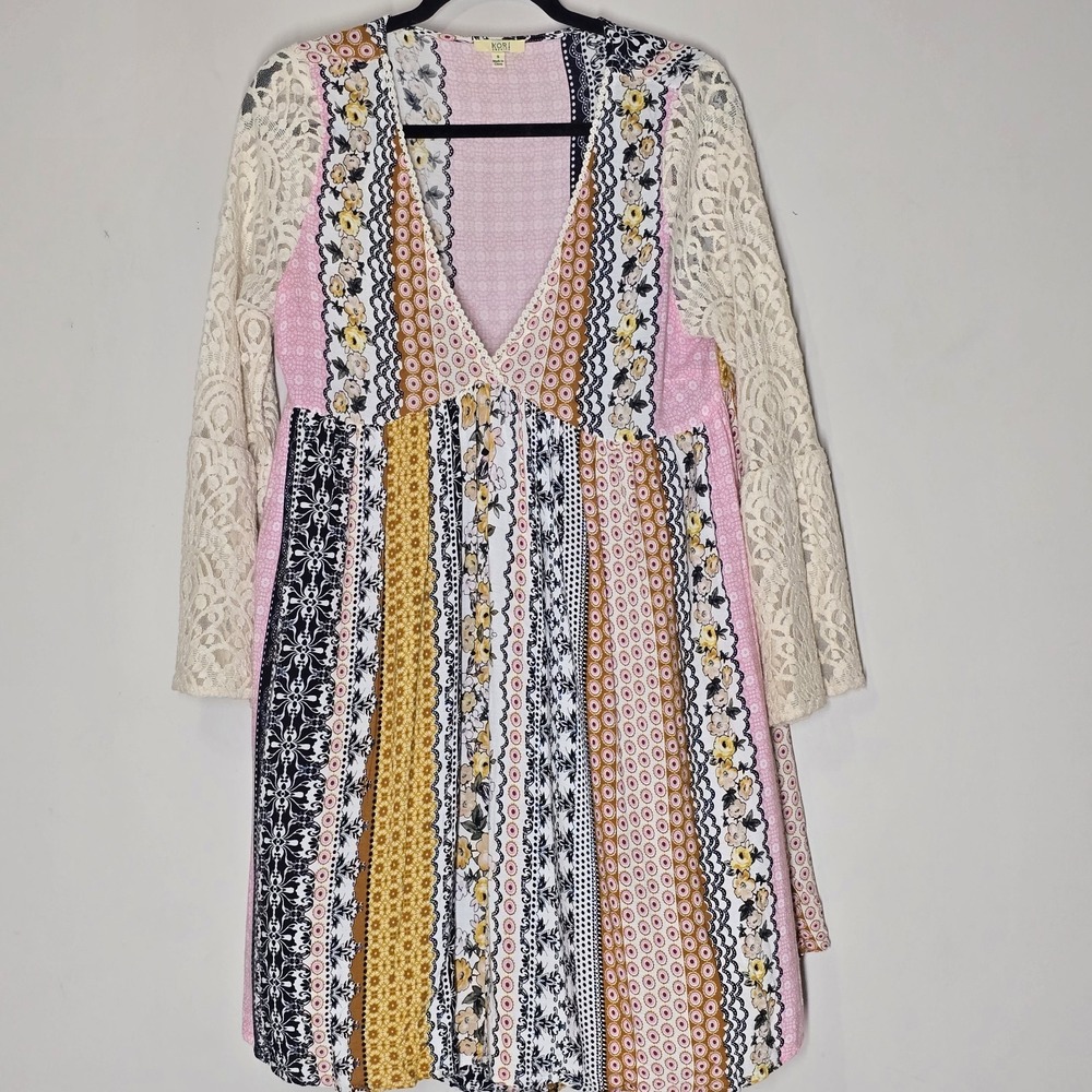 Kori America Lace Sleeve Boho Dress V Neck Festival Hippie Gypsy S